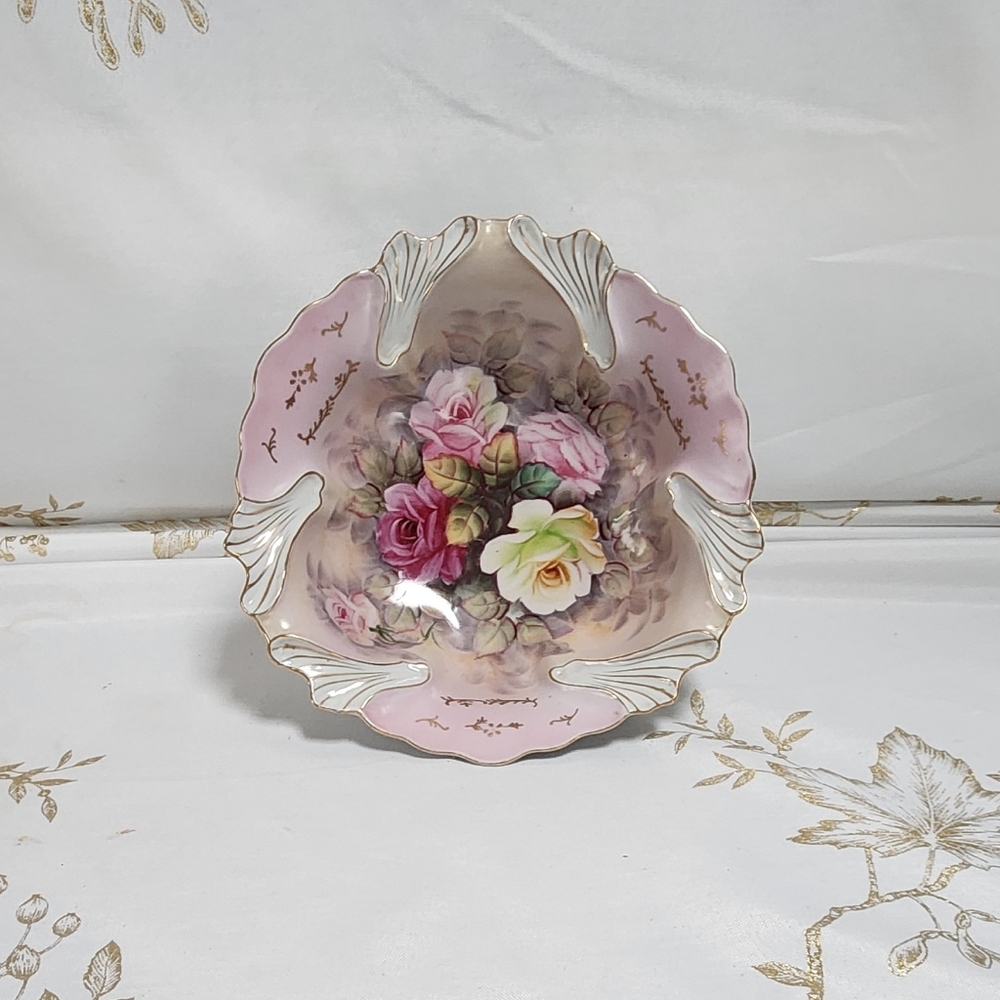 Beautiful Antique Handpainted Porcelain Footed Bowl - Vintage Colorful Floral